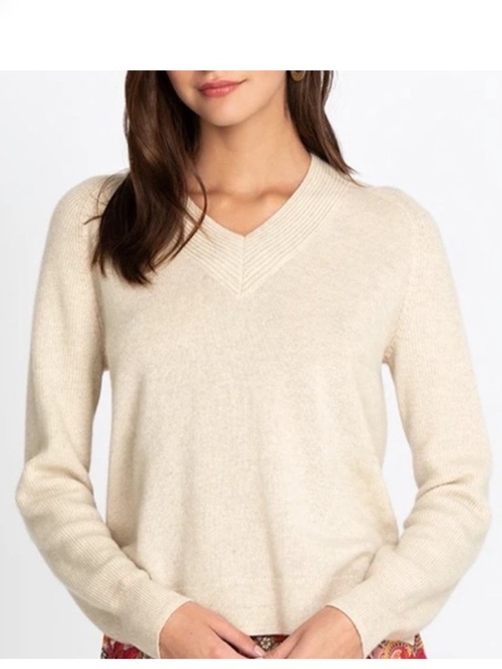Johnny Was Sweaters - Johnny Was Casey Cashmere Whipstich Oat Colored Sweater W Pink Stitching M